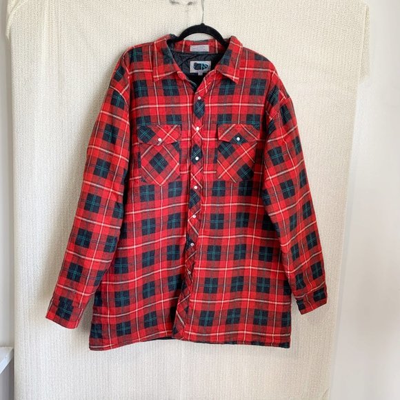 Blocks Sportwear Flannel Jacket 2XLT Red Green Plaid Filled Pockets Snap Pearl - Picture 1 of 11